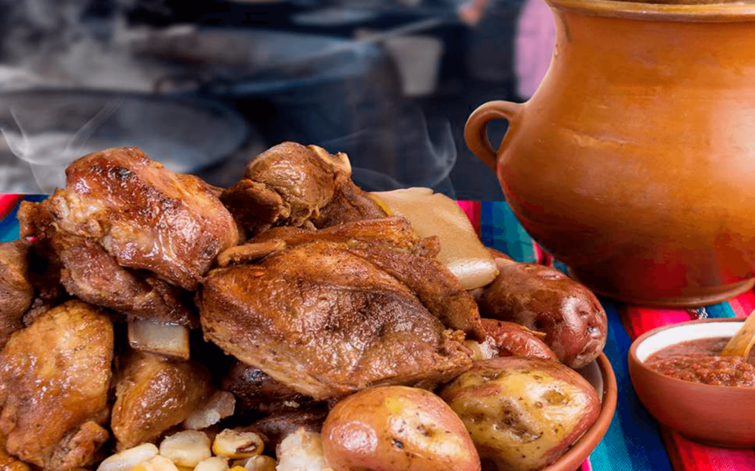 Chicharrón de cerdo con chicha de maíz